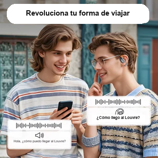 Dos amigos usando los auriculares traductor IA de viaje